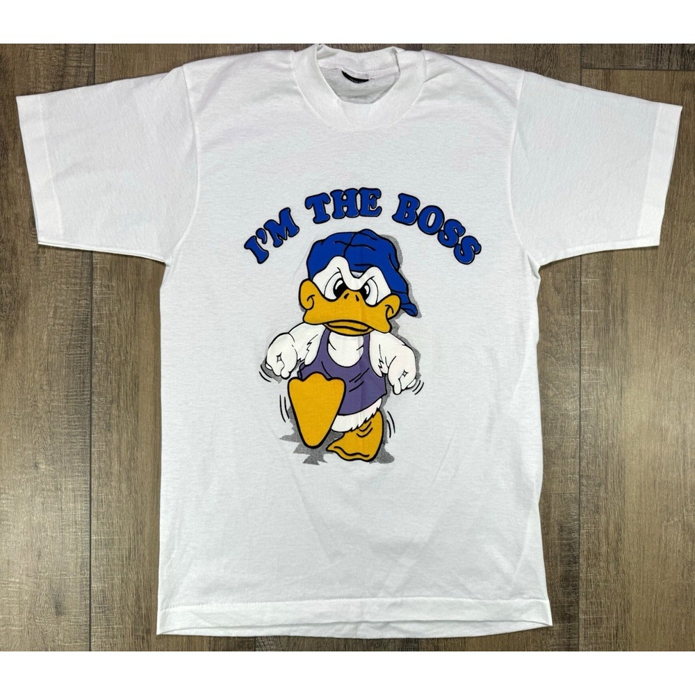 Vintage 1990s I'm the Boss Cartoon Donald Duck White Short Sleeve T-Shirt Med